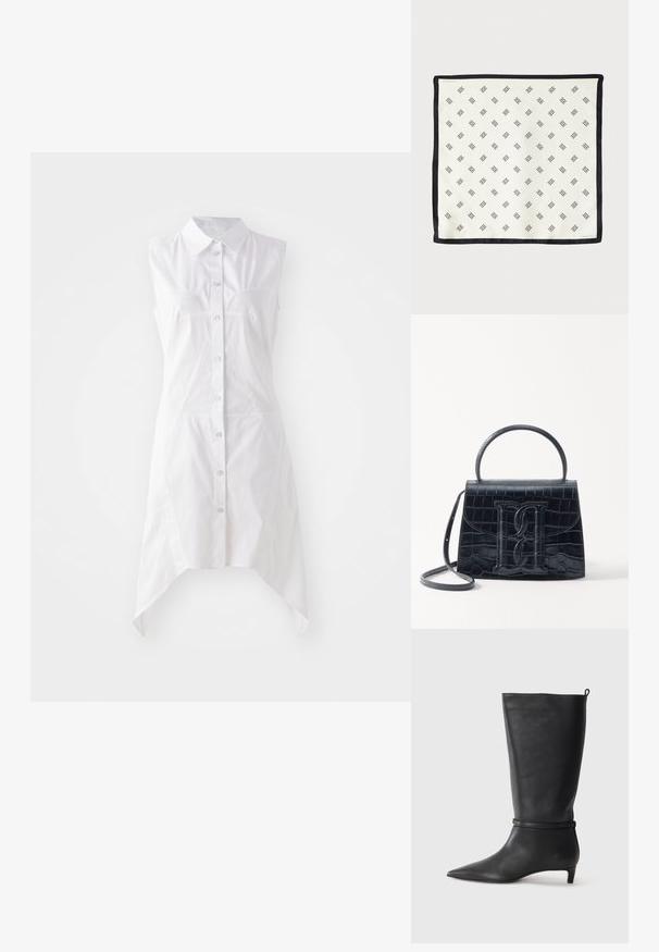 Biała sukienka bez rękawów z kołnierzykiem, z przodu zapinana na guziki, z dwiema kieszeniami na piersi oraz asymetrycznym dołem. Wykonana z tkaniny tkanej.; Czarne skórzane kozaki do kolan z ostro zakończonym noskiem, ozdobione okrągłym paskiem wokół kostki oraz niskim, zwężanym obcasem. Gładka tekstura.; Biała jedwabna chusta z powtarzającym się czarnym wzorem geometrycznym, obszyta solidnym czarnym brzegiem. Lekka o gładkiej teksturze.; Czarna torebka z tłoczonej skóry krokodyla o zorganizowanej konstrukcji, z górnym uchwytem, regulowanym paskiem i wyraźnym detalem z logo z przodu.