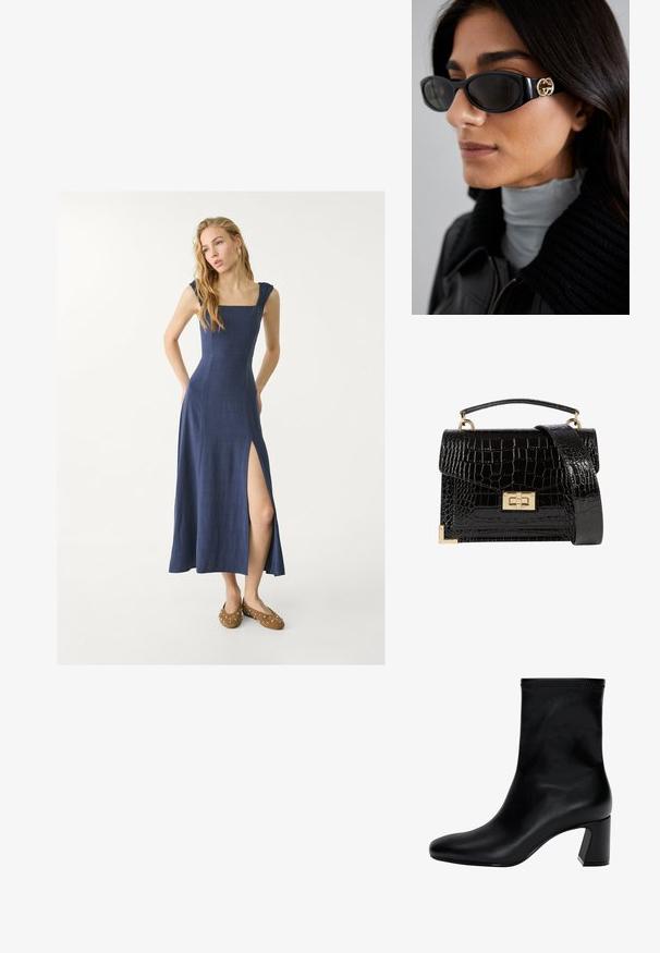 Navy linen maxi dress with square neckline, ruffled shoulder straps, and a side slit. Paired with brown shoes featuring silver studs.; Black ankle boot made of smooth leather. Features a square toe, elasticated top, and a chunky heel for stability. Minimalist design.; Black sunglasses featuring a sleek rectangular frame with a gold logo accent on the side. Dark lenses and glossy finish are prominent.; Black patent leather handbag with a crocodile texture, gold hardware, a top handle, and a detachable shoulder strap. Rectangular shape with a flap closure.