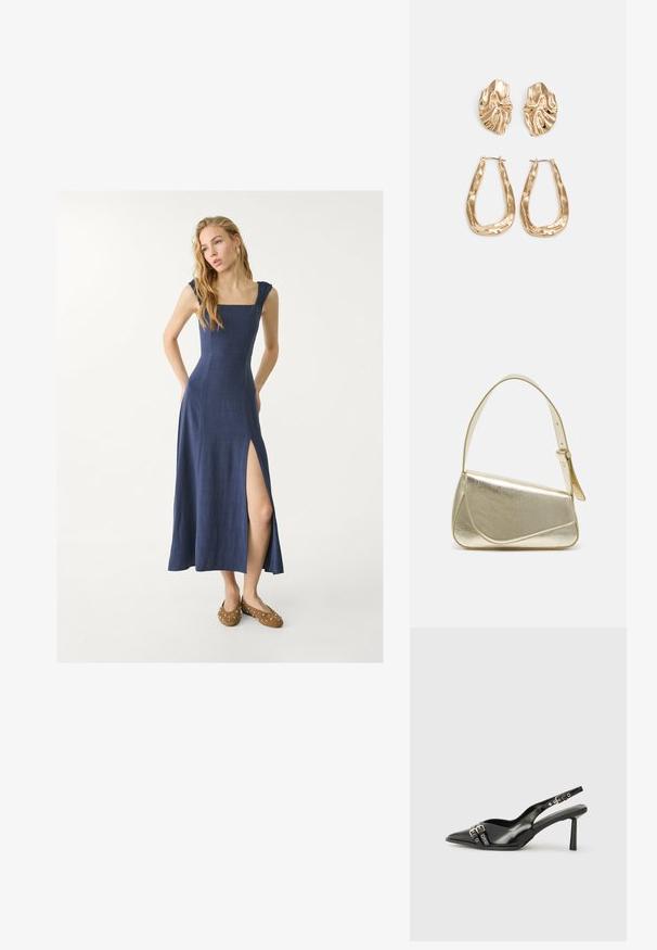 Marinblå lin maxi-klänning med fyrkantig halsringning, volangdetaljer på axelbanden och en benslits. Jämförd med bruna skor med silverspikar.; Svart lackläder slingbacksko med spetsig tå, ankelremmar med silverfärgade spännen och detaljer samt en smal klack.; Guldfärgad metallhandväska med en strukturerad design, slät textur och justerbar rem. Har en unik triangulär form och minimalistisk sömnad.; Örhängen i guldton med texturerade, vågiga former. Inkluderar skulpturala clip-on-stift och öppen hoop-design med hamrad finish.