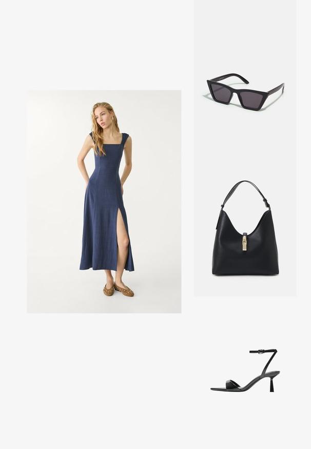 Pomorska lanena maksi haljina s kvadratnim izrezom, volanima na naramenicama i bočnim prorezom. Uparena s smeškim cipelama sa srebrnim zakovicama.; Bershka Sandale s visokom petom - black; Crne, uglaste sunčane naočale sa sivoj lećama; izrađene od plastike, imaju debele nogice s glatkom površinom i bez vidljivih metalnih dijelova.; Crna kožna torba s zaobljenim, konturiranim oblikom, koja ima zatvaranje na zlatnu bravu i jednu podesivu trakicu. Glatka tekstura.