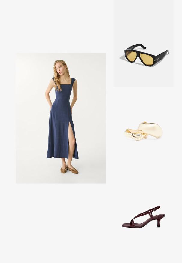 Laivastonsininen pellavainen maksimekko neliökaula-aukolla, röyhelöillä koristelluilla olkaimilla ja sivuaukolla. Yhdistetty ruskeisiin kenkiin, joissa on hopeanvärisiä niittejä.; Burgundy korkokenkin, jossa on neliönmuotoinen kärki, hoikat remmit ja nilkkasolki. Liukas nahkapinta ja hoikka, block-korko.; Mustat aurinkolasit, joissa on geometrinen kehys, keltaiset linssit ja kultaiset yksityiskohdat ohjaimissa. Liukas rakenne, leveä muoto, nykyaikainen muotoilu.; Kultaisten korvakorujen orgaaninen, pavun muotoinen muotoilu ja sileä, heijastava pinta; sisältää minimalistisen suunnittelun ilman näkyvää mekanismia.