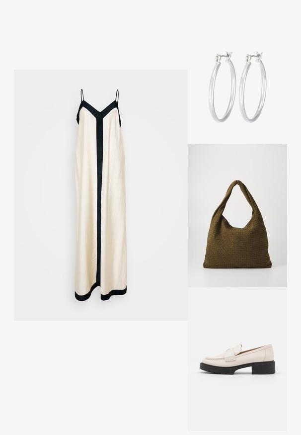Kreem-color maksiriietus musta V-kujulise dekoltee ja külgsete detailidega. Valmistatud siledast kangast, reguleeritavate rihmadega ja voolava siluetiga.; Heled paar heleda beezžilederist valmistatud mokassiinide, millel on õmmeldud esiosa ja tekstureeritud must platvormkonts. Omab kaardus disaini ja kerget tõstet.; Kootud kangast käekott oliivirohelises värvitoonis, avara ümar kuju ja ühekordne, piklik kandmisrihm. Tekstuuriga pind.; Hõbedased rõngaskõrvarõngad, millel on sile, läikiv viimistlus. Ümmargune kuju ja turvaline klõpsulatus. Kerge disain, sobib igapäevaseks kandmiseks.