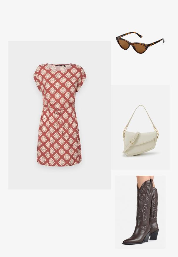 Raudonų gėlių formos deimanto rašto suknelė, trumpomis rankovėmis, apvalia iškirpte ir su juostele ties juosmeniu. Pagaminta iš lengvos medžiagos.; Rudos odinės kaubojaus batai su smailiu priekiu ir blokuotu kulnu, pasižymintys detaliu siuvinėjimu ir iškiliais akcentais ant ašies.; Katės akies saulės akiniai su juodu ir oranžiniu šarvuotu rėmeliu, ruda objektyvu ir elegantiškais, smailiais galiukais. Rėmelyje yra minimalus logotipas ant šventės.; Mažas kreminis rankinukas su tekstūruotu paviršiumi, ilga reguliuojama juostele, grandinėle ir užsegimu su atvartu. Aukso detalės.