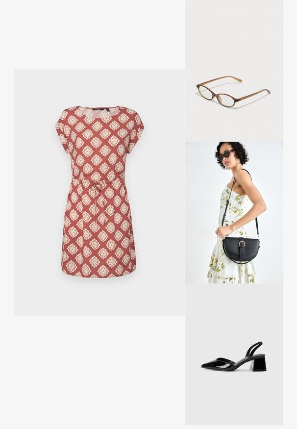 Raudona trumpomis rankovėmis suknelė su kremine deimantų raštu, apvaliu iškirpimu ir pririšamu liemeniu, leidžiančiu reguliuoti dydį.; Juodos lakuotos odinės šlepetės su smailiu pirštu ir geometriniu bloko kulnu. Turi elegantišką, minimalistinį dizainą ir lygų paviršių.; Rudos aukso dėklai su ovaliais lęšiais, plonomis kojelėmis ir skaidriais akcentais. Ant šventyklos yra subtilus logotipas. Plonas, lengvas dizainas.; Juodas odinis krepšys su išlenkta forma, nuimamu dirželiu ir auksiniais detalėmis. Krepšys turi kilpą su sagtimi.