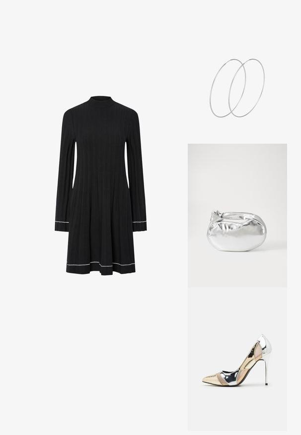 Mustmustriibuline pikkade varrukatega kleit, millel on valekaelus ja valged servade detailid varrukatel ja hemil.; Kitsas toe kõrge kontsaga kingad, millel on hõbedane, kuldne ja nude värvilahendus. Läikiv viimistlus lõikekujundusega, stiletto konts.; Hõbedane metallikoti kott pehme, ümar kuju ja sõlme ülemise sulgemisega. Valmistatud siledast kunstnahast materjalist.; Hõbedased rõngastikkaehingad minimalistlikus disainis. Ümar kuju, sile tekstuur ja õhuke profiil. Kerged ning poleeritud viimistlusega.