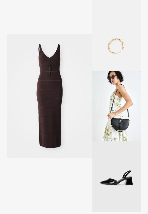 Dzianinowa, ciemnobrązowa sukienka maxi z dekoltem w serek, dopasowana, z regulowanym wiązaniem na biuście. Posiada poziome paski i cienkie ramiączka.; Czarne lakierowane półbuty na obcasie z wydłużonym noskiem i geometrycznym słupkiem. Charakteryzują się eleganckim, minimalistycznym designem oraz gładką fakturą.; Czarna skórzana torebka o zakrzywionym kształcie, z odpinanym paskiem i złotymi akcentami. Torebka posiada klapę z zapięciem w kształcie klamry.; Pierścionek w odcieniu złota z organicznym, skręconym wzorem, o gładkiej fakturze i zwężających się końcach, tworzący nowoczesny, rzeźbiarski wygląd.