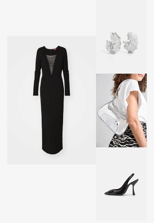 Juoda ilgomis rankovėmis suknelė su giliais V formos iškirpte, papuošta metaline pynimo detale krūtinės srityje. Glotnus, prigludęs siluetas, iki kulkšnies.; Juoda odinė slingback tipo avalynė su smailiu pirštu, siauru aukštu kulnu ir dekoratyvine kaspino akcentu. Lygi tekstūra ir elegantiškas dizainas.; Sidabro spalvos metalinė peties kuprinė su lygiu paviršiumi, išlenkta forma, grandinėlės rankena ir blizgiu priekiu, kuriame subtiliai išgraviruotas logotipas.; Sidabriniai auskarai su tekamu, spiraliniu dizainu. Lygus paviršius su blizgiu apdaila. Yra švelni blizgesys ir jokie matomi papuošimai.