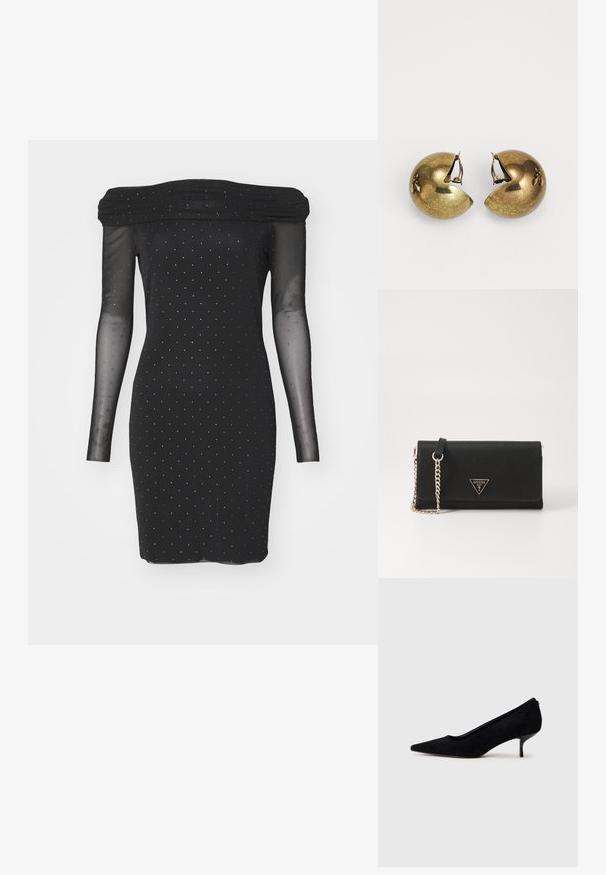Fekete, váll nélküli ruha áttetsző, hosszú ujjakkal, hogy apró ezüst pöttyökkel díszített, és testhez simuló fazonú. Az anyag sima textúrájú.; Fekete velúr magassarkú cipő hegyes orral és vékony, alacsony sarokkal. Simább textúrájú, letisztult dizájn, amelyen nincsenek látható fém alkatrészek.; Fekete szintetikus pénztárca textúrált felülettel, háromszög alakú arany logóval, és arany lánc pánttal keresztben viseléshez.; Sárgaréz fülbevalók lekerekített, osztott dizájnnal, kis levél kiegészítéssel; sima tapintású, fényes felülettel.