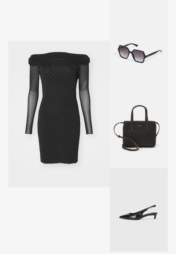 Czarna sukienka bez ramiączek z przezroczystymi długimi rękawami, ozdobiona małymi srebrnymi kropkami i dopasowanym krojem. Gładka faktura w całej sukience.; Czarne skórzane szpilki typu slingback z ostrym noskiem, posiadające smukły obcas i złoty akcent na regulowanym pasku. Gładka tekstura.; Czarne, sześciokątne okulary przeciwsłoneczne z gradientowymi soczewkami, o błyszczącym wykończeniu i subtelnym logo na zauszniku. Wykonane z trwałego plastiku.; Czarna torebka z dwoma krótkimi uchwytami i odpinanym paskiem na ramię. Gładki materiał przypominający skórę, z zamkiem błyskawicznym i detalem z logo.