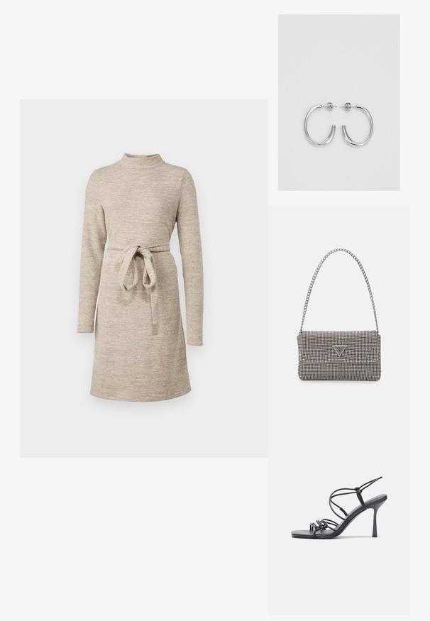 Bežs adīts kleita ar augstu apkakli, garām piedurknēm un auduma jostu jostas vietā. Mīksta tekstūra un A formas griezums, ceļa garumā.; Melnas augstpapēžu sandales ar plāniem siksniņām un mezgla dizainu, gluda kvadrātveida purngalu un elegantu stiletto papēdi.; Gaiši pelēka metāla rokassoma ar ķēdes siksnu, rotāta ar mazām apaļām metāla kniedēm un trīsstūra zīmola logo.; Sudraba riņķveida auskari ar gludu, spīdīgu apdari. Apaļas formas, viegla dizaina, ar aizdari uz stieples.