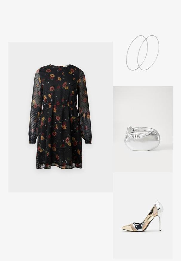 Juodas gėlių suknelė, pagaminta iš permatomos medžiagos. Suknelė turi ilgus pūstaus stiliaus rankovės, apvalų iškirpimą, elastinę juosmenį ir taškuotą raštą su įvairiomis gėlėmis.; Aštrus pirštas aukštakulnis batelis su sidabro, aukso ir nuogų spalvų deriniu. Blizgus paviršius su išpjovos dizainu, su stiletto kulnu.; Sidabrinė metalinė maišelio forma su švelnia, apvalia forma ir mazgu užveriamu viršumi. Pagaminta iš lygios dirbtinės odos medžiagos.; Sidabrinės pusmėnulio auskarai minimalistiniu dizainu. Apskritimo forma, lygus paviršius ir plonas profilis. Lengvi su poliruotu apdailu.