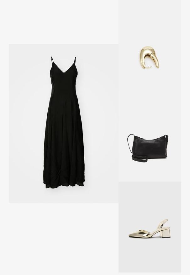 Juodas maxi suknelė su spaghetti diržais, V formos iškirpte, laisva siluetu, glotnia textura ir subtiliu drapavimu apačioje.; Auksiniai, metaliniai slingback aukštakulniai bateliai su smailiu pirštu ir masyviu kulnu. Lygus paviršius, minimalizmo dizainas ir siaura juostelė.; Juodas odinis petinis krepšys su lygiu paviršiumi, išlenkta forma, reguliuojama dirželiu ir užtrauktuku. Minimalistinis dizainas be puošmenų.; Aukso tono metalinės auskarai su stilingu, kreiviu dizainu. Išsiskiria ryškiu smailiu pavidalu, poliruota paviršiumi ir užsegimu su vyriu.