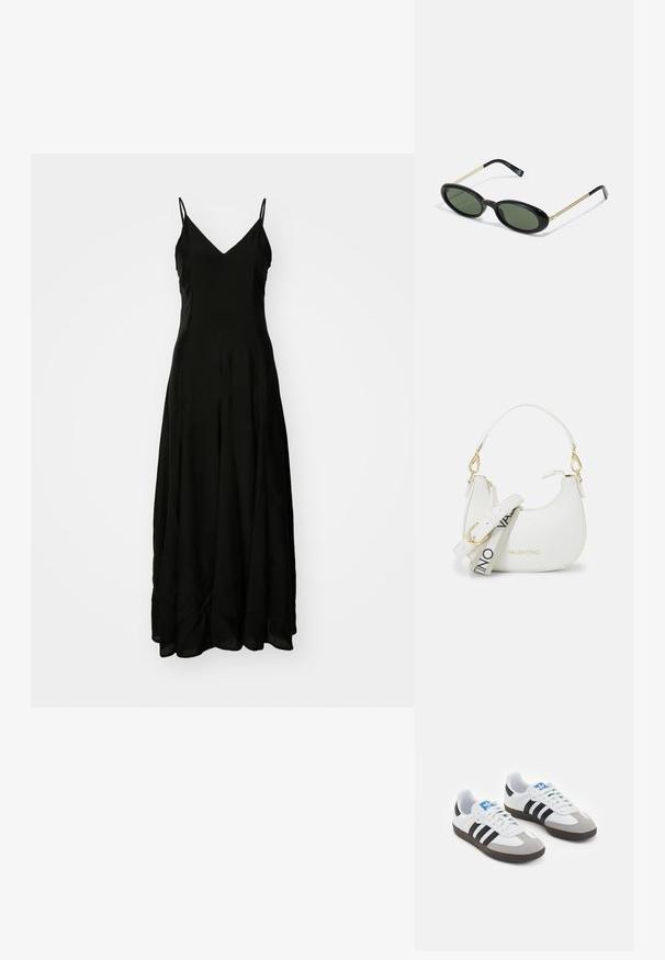 Črna maksi obleka s tankimi naramnicami, v-izrezom, ohlapno silhueto, gladko teksturo in subtilnimi draping detajli na robu.; Športni čevlji z belim usnjenim zgornjim delom, sivim semišem na prstih in tremi črnimi črtami. Imajo modro logo na jeziku in teksturiran gumijast podplat.; Sončne očala ovalne oblike z zelenimi lečami, črnimi plastičnimi okvirji in tankimi zlatimi kovinskimi ročaji. Imajo minimalističen dizajn z gladko teksturo.; Bela torbica z ukrivljeno silhueto, teksturirana usnjena površina, zlatni dodatki in odstranljiv trak z logotipom in podrobnostmi na sponki.
