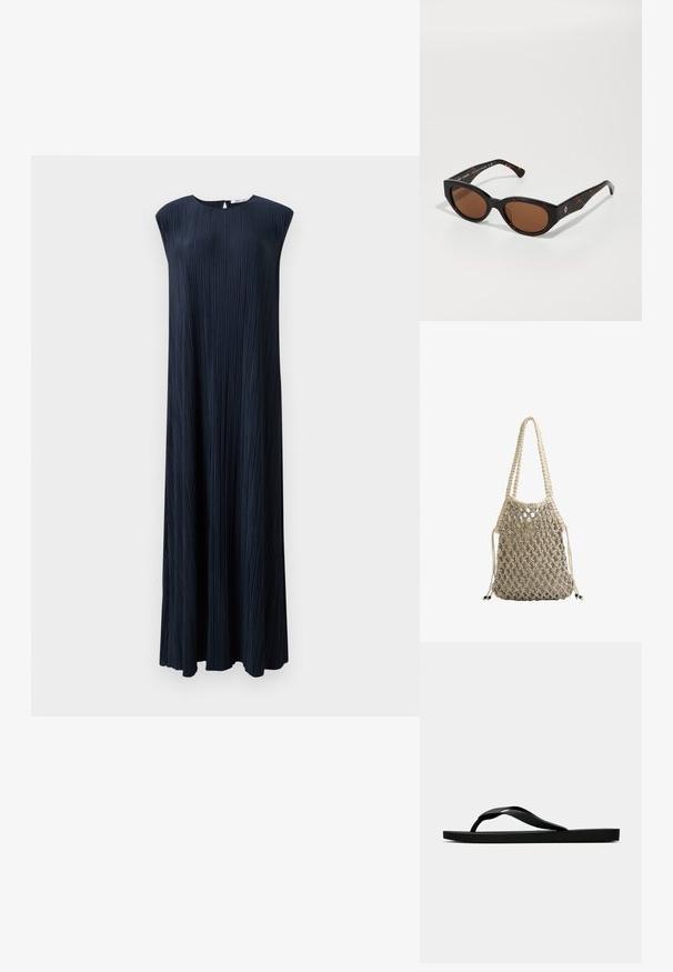 Rochie fără mâneci plisată, de culoare bleu marin, cu guler rotund, siluetă fluidă și lungime mare, realizată dintr-un material texturat.; Sandala flip-flop din cauciuc negru, cu un bretele texturat și o talpă simplă și plată, prezentată din lateral pe un fundal simplu și deschis.; Ochelari de soare tortoise black cu lentile maro, design unghiular și brațe late cu un detaliu subtil al logo-ului. Textură de plastic neted.; Geantă țesută bej cu un design asemănător unei plasă, dotată cu două mânere împletite și închidere cu cordon, accentuată cu detalii din boabe închise la culoare.