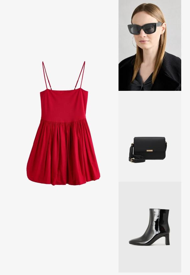 Rotes ärmelloses Kleid mit tailliertem Oberteil und schwingendem, gerafftem Rock. Hergestellt aus leichtem Stoff mit dünnen Trägern und glatter Textur.; Schwarzer Lackleder-Stiefelette mit spitzer Zehe und einem mittelhohen Blockabsatz. Glatte Textur und minimalistisches Design.; Schwarze Katzenaugen-Sonnenbrille mit dunklen Gläsern, dicken Rahmen und subtilen Akzenten. Getragen mit einem schwarzen Mantel und einem grauen Oberteil, dazu lange, glatte Haare.; Schwarze Leder-Crossbody-Tasche mit Klappenverschluss, goldenen Beschlägen, verstellbarem Tragegurt und strukturiertem Material. Kompakte, rechteckige Form.