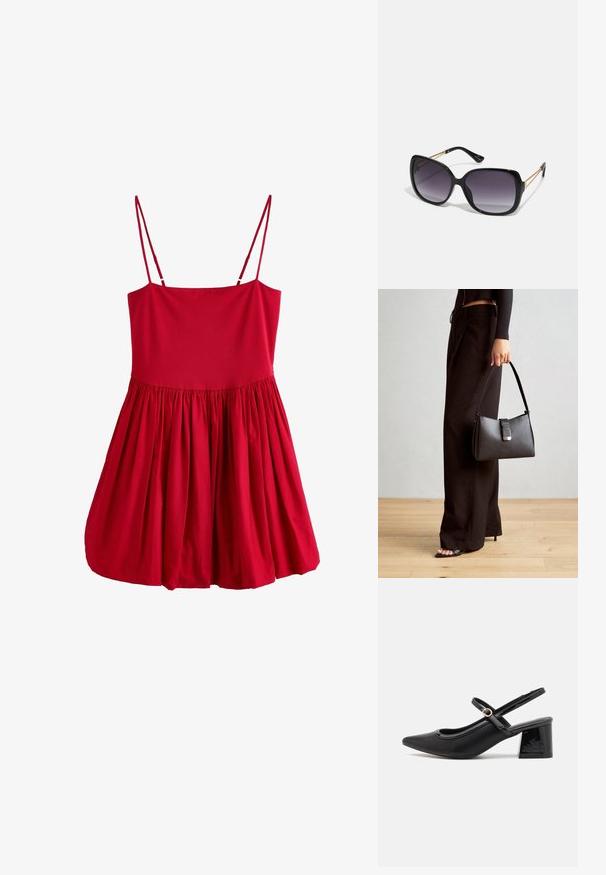 Červené bezramienkové šaty s priliehajúcim korzetom a rozšírenou, nariasenou sukňou. Vyrobené z ľahkého materiálu s tenkými ramienkami a hladkou textúrou.; Čierne lakované kožené lodičky so slingback dizajnom, špicatou špičkou, zaobleným výrezom a blokovým podpätkom. Obsahuje akcent zlatého tónu s prackou.; Čierne oversized slnečné okuliare s gradientovými sklíčkami, hrubými rámami a zlatým retiazkovým detailom na stranách.; Čierna kabelka so štruktúrovaným tvarom, hladkou textúrou a kovovou sponou. V kombinácii so širokými čiernymi nohavicami a sandálmi s otvorenou špičkou na drevenej podlahe.