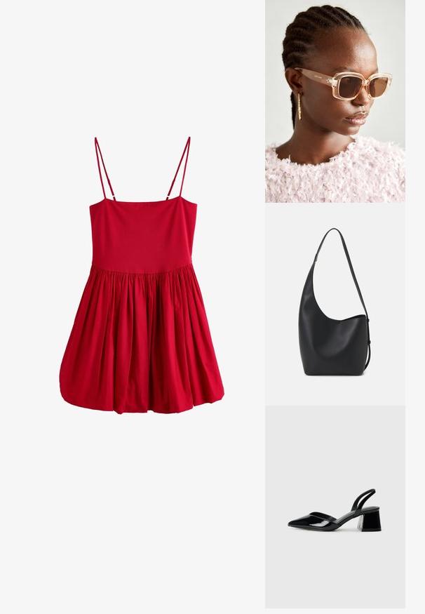 Rode zonder mouwen jurk met een getailleerde bovenkant en een uitlopende, geplooide rok. Gemaakt van lichte stof met dunne bandjes en een gladde textuur.; Zwarte gepatineerde leren slingback hakken met een spitse neus en een geometrische blokhak. Kenmerkt zich door een slank, minimalistisch ontwerp en een gladde textuur.; Beige oversized zonnebril met een doorzichtig montuur en bruine getinte glazen, met subtiele bloemaccenten en een gedurfde, geometrische ontwerp.; Zwarte leren hobo tas met een gladde textuur, kromme vorm en een enkele verstelbare schouderband; heeft een brede opening aan de bovenkant.
