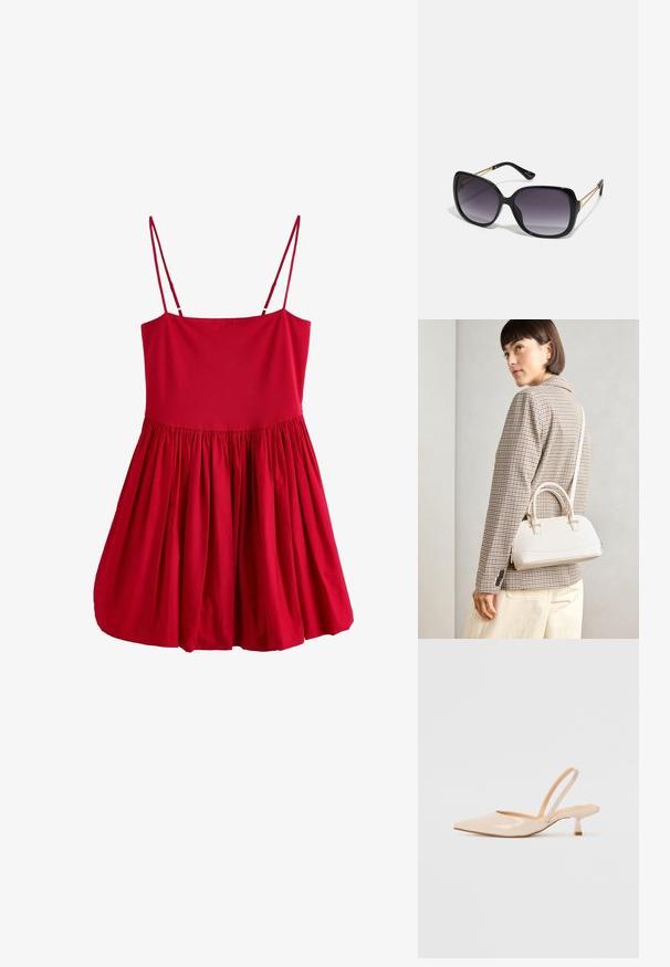 Červené bezramienkové šaty s priliehajúcim korzetom a rozšírenou, nariasenou sukňou. Vyrobené z ľahkého materiálu s tenkými ramienkami a hladkou textúrou.; Bežové lakované sandále na podpätku so špicatou špičkou a štíhlym, štvorcovým podpätkom. Hladká textúra a minimalistický dizajn bez ozdôb.; Čierne oversized slnečné okuliare s gradientovými sklíčkami, hrubými rámami a zlatým retiazkovým detailom na stranách.; Biela štruktúrovaná kabelka s krátkymi rúčkami a ramenným popruhom, s zlatými kovovými prvkami a textúrovaným materiálom, vystavená na šedom pozadí.
