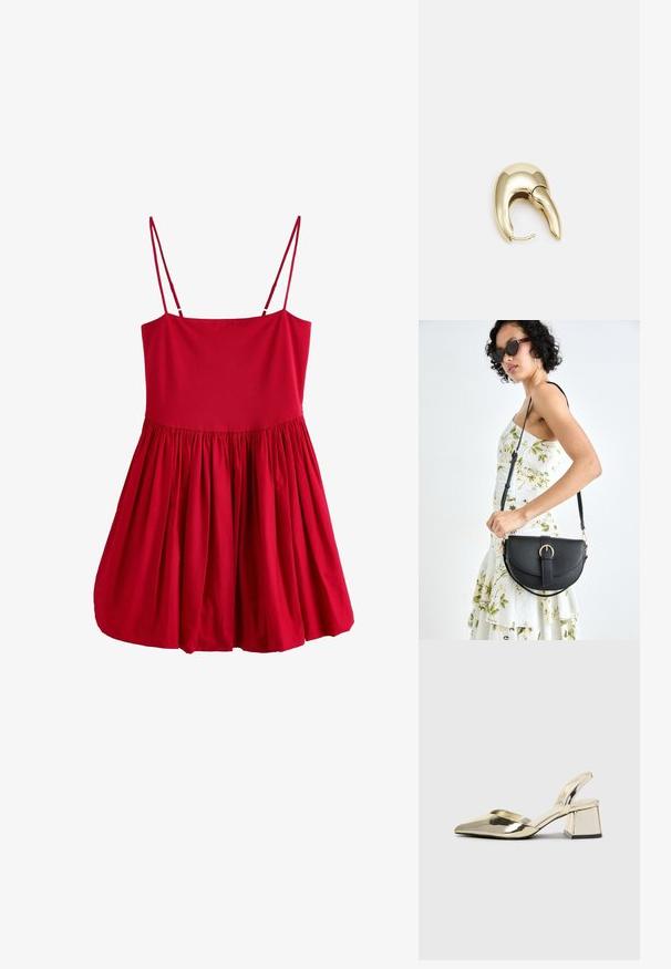 Rød ærmeløs kjole med et tætsiddende liv og en udvidet, samlede nederdel. Lavet af letvægtsstof med tynde stropper og en glat tekstur.; Guld, metalliske slingback-hæle med spids tå og kraftig hæl. Glat tekstur, minimalistisk design og en smal strop.; Sort læderhåndtaske med en buet form, aftagelig rem og guldfinish. Tasken har en klap med en spænde detalje.; Guldtonet metal ørering med et slankt, buet design. Har en karakteristisk spids form, poleret overflade og hængselåbning.