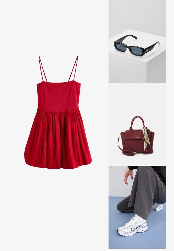 Robe sans manches rouge avec un corsage ajusté et une jupe évasée froncée. Fabriquée en tissu léger avec des bretelles fines et une texture lisse.; Baskets de sport blanches et argentées avec des matériaux en maille et synthétiques, dotées de lignes d'accent noir, de lacets et de semelles texturées.; Lunettes de soleil noires rectangulaires avec verres teintés bleu, monture épaisse et un accent circulaire doré sur le côté. Finition lisse et brillante.; Sac à main bourgogne en matériau synthétique avec un design structuré, doté d'une bandoulière amovible et d'un foulard à motif floral noué au poignet.