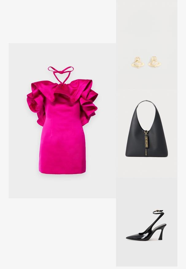 Rochie mini fucsia cu mâneci supradimensionate cu volane și decolteu legat la gât. Țesătură de satin neted, siluetă ajustată și cusături minime.; Sandale cu toc înalt din piele patent neagră, cu vârf ascuțit, curea ajustabilă la gleznă și toc mediu pătrat. Textură netedă cu un finisaj lucios.; Geantă de umăr din piele neagră, cu o curea lată, accesorii aurii și două etichete suspendate cu inscripția "LOVE MOSCHINO" în litere aurii.; Cercei cu tije de ton auriu, având un design inspirat de Saturn, cu o bandă texturată și cristale circulare încorporate pentru un plus de strălucire.