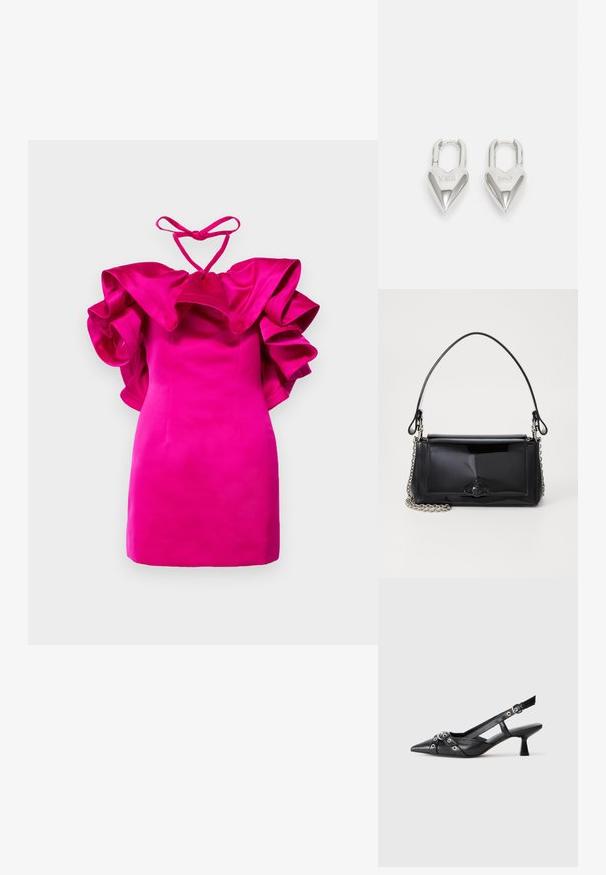 Vestido mini fúcsia com mangas ruffle oversized e um laço no pescoço estilo halter. Tecido de seda suave, silhueta ajustada e costuras mínimas.; Sapato slingback em couro preto com biqueira fina, tiras decorativas com ilhós de metal e um pequeno salto quadrado. Superfície texturizada.; Bolsa de mão em verniz preto com formato retangular, alça de corrente e um detalhe de hardware distinto no centro. Textura suave.; Cadeados em forma de coração prateados com inscrições gravadas "SIM" e "NÃO", acabamento polido, design simétrico e um fecho de metal robusto.