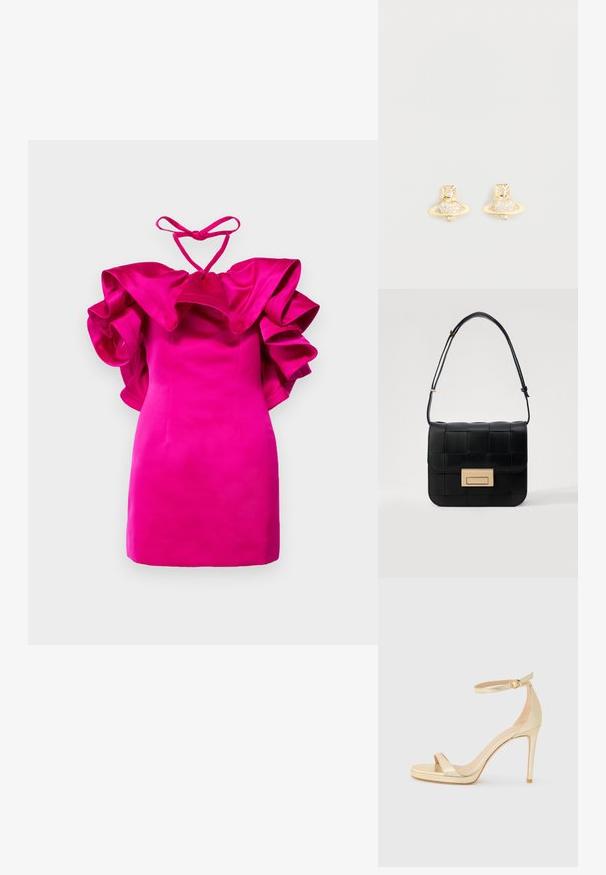 Fukšija mini obleka z velikimi nabranimi rokavi in halter ovratnikom. Gladek satenski material, oprijet kroj in minimalni šivi.; Zlatne metalne sandale s visokom potpeticom, otvorenim prstima, kaišom oko gležnja s kopčom i platformom za dodatnu visinu. Glatka tekstura.; Loeffler Randall DESI CROSSBODY WITH LOCK HARDWARE - Torba čez telo - black; Zlati uhani s stožčasto obliko, ki imajo teksturiran pas in vgrajene okrogle kristale za dodatno iskrico.