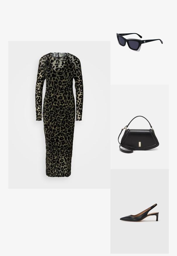 Φόρεμα μακρυμάνικο, εφαρμοστό, κατασκευασμένο από διαφανές ύφασμα με μαύρο λεοπάρ μοτίβο σε απαλό πράσινο φόντο. Σχεδίαση που φτάνει μέχρι το έδαφος.; Μαύρο δερμάτινο παπούτσι slingback με μυτερή μύτη, χαμηλό τακούνι και ομαλή υφή. Διαθέτει λεπτό ρυθμιζόμενο λουράκι για ασφαλή εφαρμογή.; Μαύρα υπερμεγέθη γυαλιά ηλίου με γεωμετρικό σχήμα, διαθέτοντας σκούρους φακούς και αντίθεση γκρίζα λεπτομέρεια στη σκελετό. Λογότυπο στον βραχίονα.; Μαύρη δερμάτινη τσάντα με δομημένο σχέδιο, που διαθέτει κομμένο σχήμα, επάνω λαβή και χρυσά μεταλλικά στοιχεία. Περιλαμβάνει ρυθμιζόμενο λουρί ώμου.