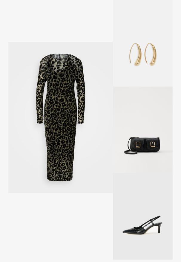 Vestido de mangas largas y ajustado, confeccionado con una tela transparente que presenta un estampado de leopardo negro sobre un fondo verde apagado. Diseño de largo hasta el suelo.; Tacón slingback negro de charol con punta afilada, que presenta un estampado de serpiente texturizado, correa ajustable y un tacón bloque corto y texturizado.; Bolso cruzado de cuero negro con dos bolsillos frontales, hebillas doradas, cierre de cremallera y una correa delgada. Superficie texturizada y forma rectangular compacta.; Pendientes de aro de metal en tono dorado con una forma curva y alargada. Presentan una superficie lisa y brillante y una punta redondeada para mayor detalle.