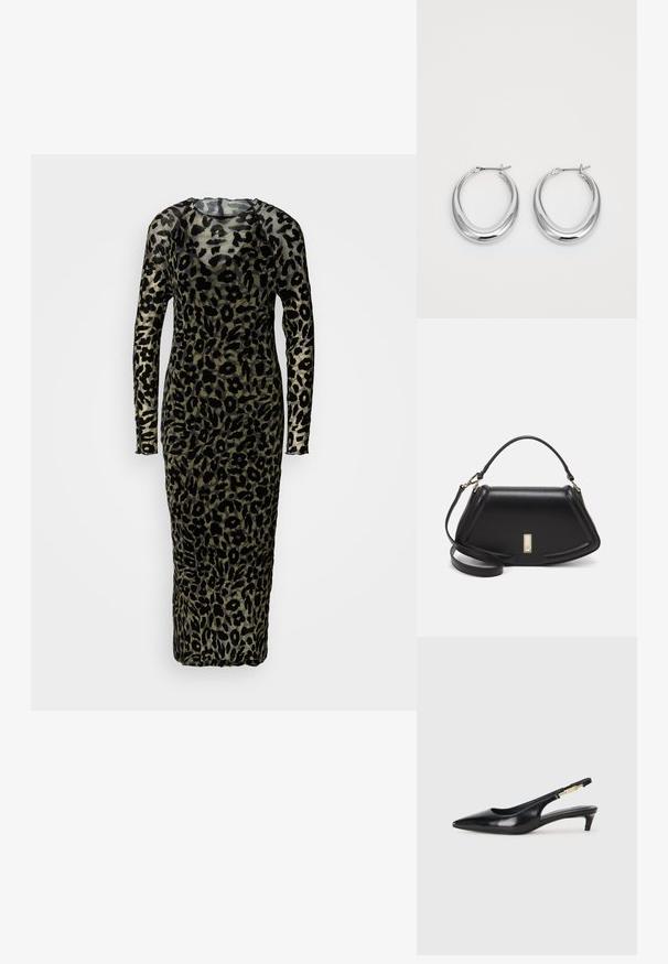 Rochie cu mâneci lungi, ajustată, dintr-un material transparent, cu un imprimeu de leopard negru pe un fundal verde estompat. Design lung până la podea.; Sandale slingback din piele neagră cu vârf ascuțit, având un toc subțire și un accent de culoare aurie pe curea ajustabilă. Textură netedă.; Geantă de umăr din piele neagră, cu un design structurat, având o formă tăiată, mânere superioare și accente din aur. Include o curea de umăr ajustabilă.; O pereche de cercei din argint lucios în formă de semilună, cu închideri articulate, pe un fundal alb.