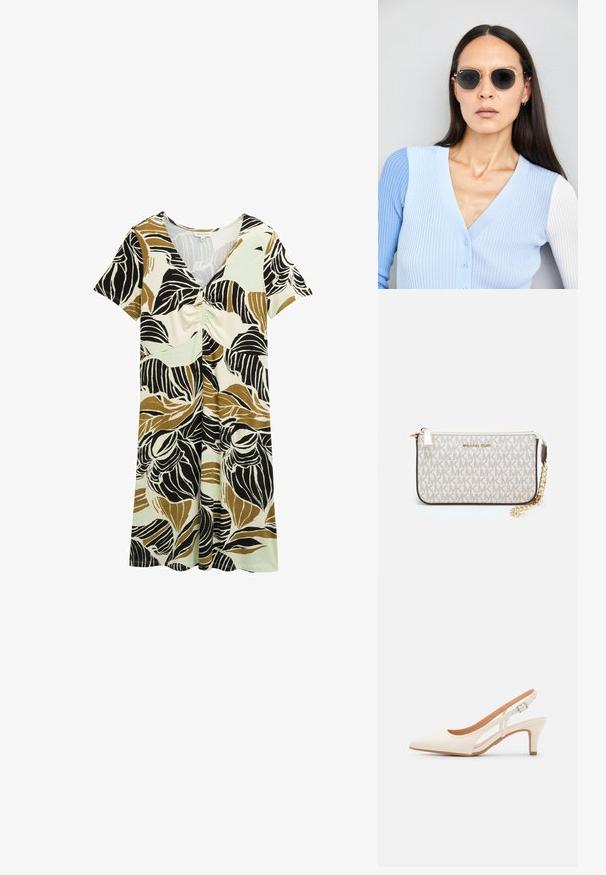 Īsām piedurknēm kleita ar lapu rakstu melnā, brūnā un zaļā toņos. Izgatavota no viegla auduma ar savelkamu priekšējo daļu.; Baltas siksniņveida papēdis ar smailu purngalu, gludu augšējo materiālu, zemu blokpapēdi un sānu izgriezumu dizainu ar regulējamu sprādzi.; Apaļas saulesbrilles ar tumšiem objektīviem un zeltītām rāmēm. Modelis valkā gaiši zilu, ribotu kardigānu ar pogām un kontrastējošām baltām piedurknēm.; Michaela Korsa rokassomi bez̦ā īšojuma, kas izgatavota no apklāta kanvas, iekļaujot atkārtotu MK logotipa rakstu, zelta aparatūru un noņemamu ķēdes siksnu.