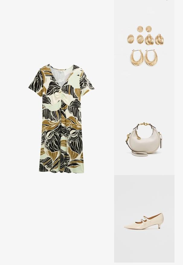 Šaty s krátkým rukávem s listovým vzorem v černých, hnědých a zelených tónech. Vyrobené z lehké látky s nařaseným detailem vpředu.; Béžové lakované baleríny Mary Jane s dvěma nastavitelnými přezkami, špičatou špičkou a nízkým podpatkem. Hladký povrch s lesklým vzhledem.; Krémová kožená kabelka s půlměsíčním tvarem, zlatými kovovými detaily, černými akcenty a odnímatelným popruhem. Obsahuje řetízkový detail a visačku.; Souprava náušnic ve zlatém tónu, která obsahuje tři páry: texturované oválné náušnice, náušnice s vlnitým designem a velké kruhové náušnice s vrstvenými rýhami.