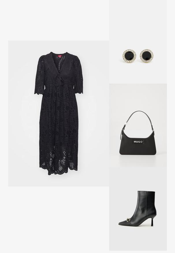 Crna haljina od vezenog materijala, sa V-izrezom, kratkim napuhanim rukavima i raširenom suknjom sa valovitim rubom.; Crne kožne gležnjače s nazupčanim prstom, uskim srednje visokim potpeticama i detaljem srebrne kopče sa strane na jedinstvenoj pozadini.; Crna kožna torba s zakrivljenim dizajnom, srebrnim detaljima i istaknutim "HUGO" logotipom na prednjoj strani. Glatka tekstura i strukturirani oblik.; DKNY INLAY STUD - Naušnice - black/gold-coloured