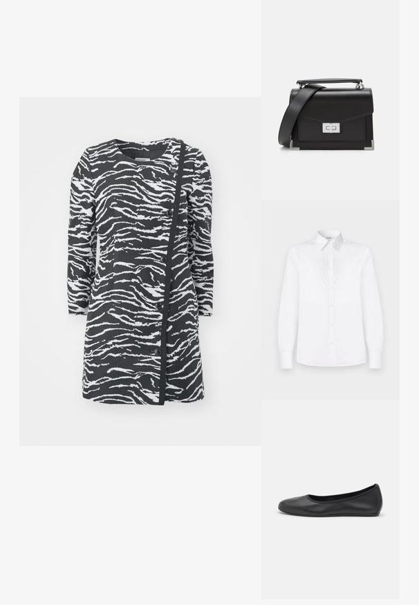 Melnā un baltā zebraprintes kleita ar garām piedurknēm, apaļu kakla izgriezumu un sānu pogām. Izdaiļota ar teksturētu audumu un asimetrisku dizainu.; Balta garām piedurknēm krekls, kas izgatavots no gludas auduma, ar apkakles dizainu un pogu aizdari ar gaiši rozā pogām.; Melna ādas baleta kurpe ar noapaļotu purngalu, gludu tekstūru, minimālu šuvju detalizāciju un elastīgu zoles dizainu.; Melna ādas rokassoma ar sudraba aparatūru, strukturētu dizainu, magnētisko aizdari un noņemamu plecu siksnu. Tekstūrēti akcenti stūros.