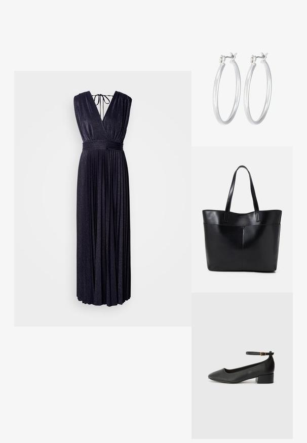 Duga, tamnoplava haljina od sjajnog, plisiranog materijala. Ima duboki V izrez, široke naramenice i vezivanje na leđima.; Crne kožne pumpe s oštrim vrhom i niskom blok petom. Sadrže remen oko gležnja s zlatnim kopčanjem. Glatka tekstura.; Crna kožna torba s dugim ručkama, glatkom teksturom i strukturiranim oblikom. Ima prednju džep za dodatno pohranu.; Srebrne kružne naušnice s glatkom, poliranom površinom. Okrugli oblik i sigurno kopčanje na klik. Lagani dizajn pogodan za svakodnevno nošenje.