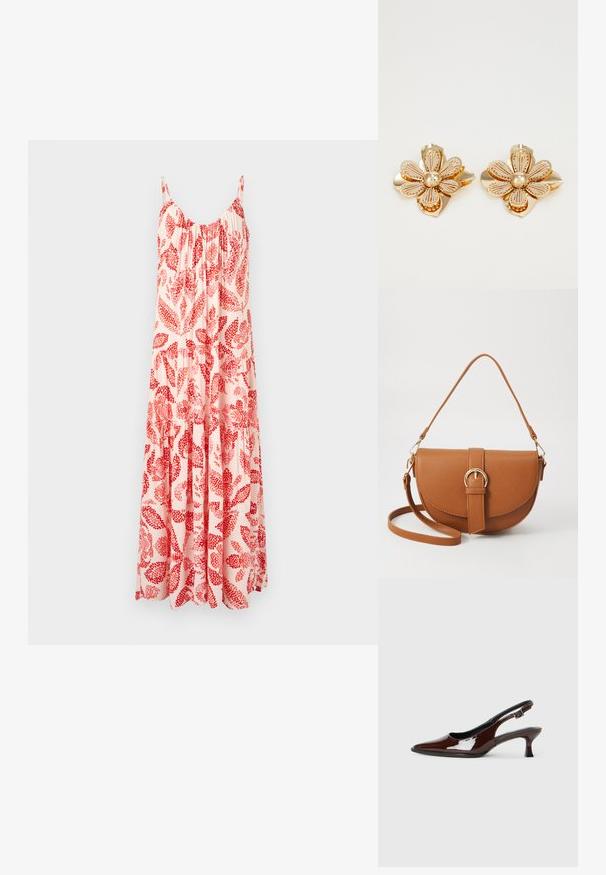 Maxikjole i lys pink med et rødt blomsterprint, der har justerbare spaghettistropper og en samlet bærestykke med flydende lag.; Brun patenteret læder slingback sko med spids tå og en moderat hæl. Har en spænde rem for en sikker pasform. Glat tekstur.; Brun læder crossbody taske med en buet form, guldfarvet hardware og en spændeaccent. Har en aftagelig skulderrem.; Guld blomsterøreringe med lagdelte kronblade, der har indviklede detaljer og en central perle. Designet inkluderer en struktureret overflade og et poleret udseende.