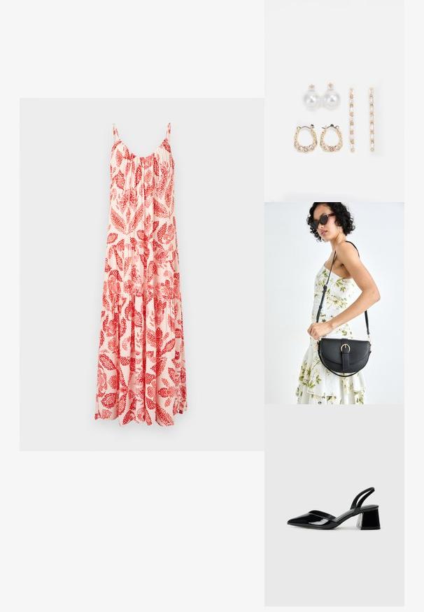 Világos rózsaszínű maxi ruha piros virágmintával, állítható spagetti pántokkal és redőzött mellszárral, ami áramló rétegekkel rendelkezik.; Fekete lakk bőr szandálkés magas sarkú cipő, hegyes orral és geometrikus tömbsarkakkal. Karcsú, minimalista dizájn és sima textúra jellemzi.; Fekete bőrtáska ívelt formával, levehető pánttal és arany színű fémrészekkel. A táskán egy csattal díszített fedél található.; Három fülbevalópár: nagy fehér gyöngy fülbevalók, arany karika fülbevalók, tiszta drágakövekkel, és két hosszú, egyenes arany akcentus fülbevaló csillogó részletekkel.