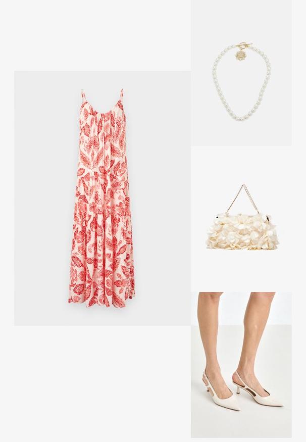 Robe maxi de couleur rose clair avec un motif floral rouge, dotée de bretelles spaghetti ajustables et d'un buste froncé avec des volants fluides.; Escarpins à talon slingback en cuir verni beige avec un bout pointu et un talon de 5 cm, présentant des côtés découpés et une fine bride à la cheville.; Sac à main floral blanc avec une surface en tissu froncé, une chaîne en métal doré et un fermoir en métal. Présente des pétales texturés pour plus de détail.; Lauren Ralph Lauren COLLAR - Collier - gold-coloured/white