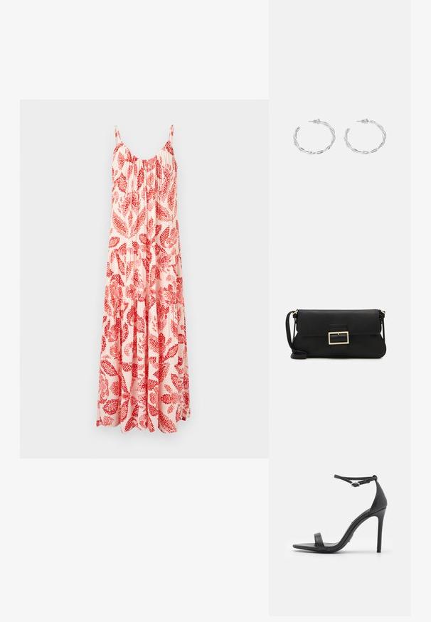 Maxi haljina svijetlo ružičaste boje s crvenim cvjetnim uzorkom, s podesivim tankim naramenicama i naboranim korzetom s lepršavim slojevima.; Crne sandale s visokim potpeticama, otvorenom prstom, tankim trakama i kopčanjem oko gležnja. Glatka kožna tekstura s dizajnom ušiljenog prsta.; Crna kožna clutch torbica s preklopom i zlatnim metalnim detaljem kopče. Uključuje crnu trakicu i elegantan, minimalistički dizajn.; Srebrne naušnice s obručima i uvijenim dizajnom, s poliranim završetkom i pričvršćivanjem na stražnjoj strani. Mjere otprilike 3 cm u promjeru.