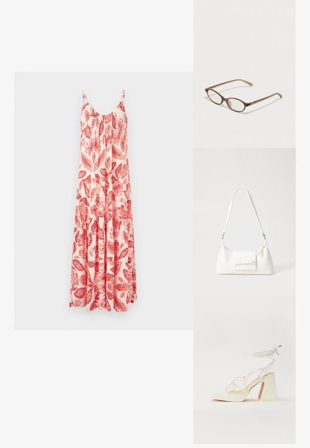 Gaišas rozā maxi kleita ar sarkanu ziedu rakstu, kurai ir regulējamas plānas siksniņas un savilkta krūšu daļa ar plūstošām līnijām.; Baltas augstpapēžu sandales ar masīvu papēdi, ar siksnu dizainu un potītes saistītiem elementiem. Gluda tekstūra ar platformu priekšpusē, lai nodrošinātu papildu augstumu.; Brūnas bruņurupuču čuguna brilles ar ovālām lēcām, plānām kājām un caurspīdīgām akcentiem. Uz tempļa ir smalka logo. Sleek, viegla konstrukcija.; Balta sintētiska soma ar trīsstūrveida formu, plakanu priekšējo vāciņu un loku detaļu, regulējamu siksnu, gludu tekstūru un minimālistisku dizainu.