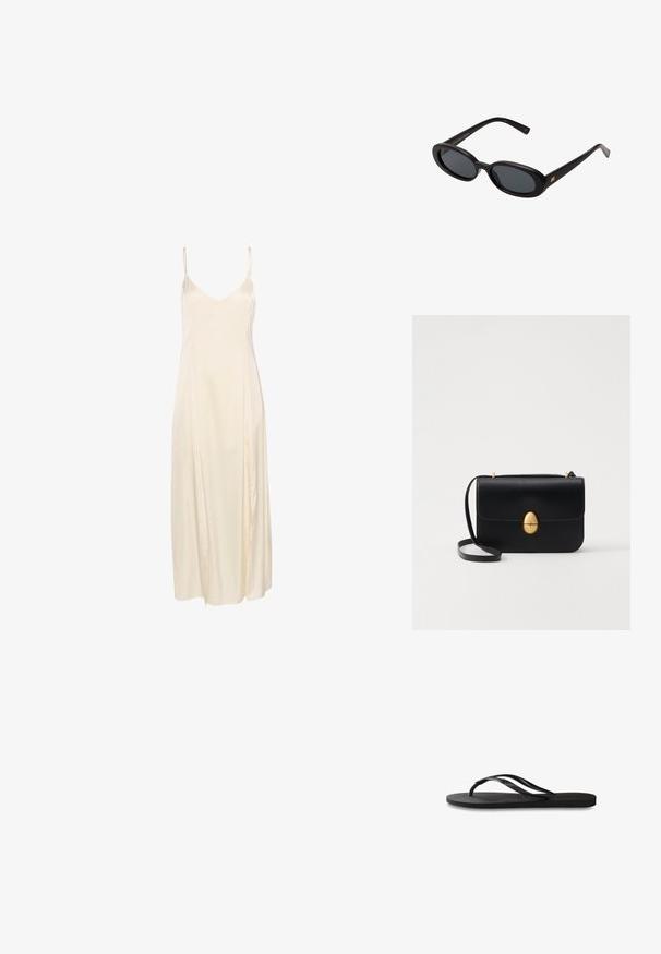 Krémové saténové šaty na ramínka s tenkými špagetovými popruhy, hlubokým výstřihem do V a splývavým designem do délky kotníků. Hladký povrch a minimální švy.; Černé žabky s texturovanou gumovou podrážkou, dvěma štíhlými popruhy a jemným, embosovaným logem na popruhu.; Černé oversized sluneční brýle s oválnými čočkami, hladkým plastovým rámem a zlatými akcenty na spáncích. Tmavé čočky poskytují ochranu před sluncem.; Černá kožená kabelka se strukturovaným obdélníkovým tvarem. Obsahuje zlatou oválnou sponu a tenký ramenní popruh. Hladký povrch.