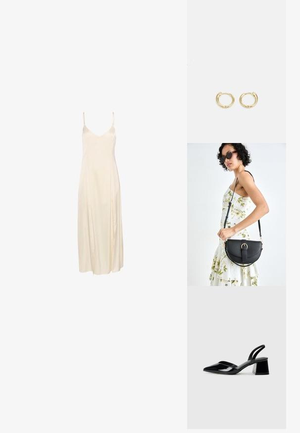 Krémové saténové šaty na ramínka s tenkými špagetovými popruhy, hlubokým výstřihem do V a splývavým designem do délky kotníků. Hladký povrch a minimální švy.; Černé lakované kožené lodičky na pásku s špičatou špičkou a geometrickým blokovým podpatkem. Vyznačují se elegantním, minimalistickým designem a hladkým povrchem.; Černá kožená kabelka s křivkovým tvarem, odnímatelným popruhem a zlatými detaily. Kabelka má klopu s přezkou.; Zlaté kruhové náušnice s hladkým, zaobleným designem. Obsahují malou závěsovou sponu, lehký vzhled a lesklý povrch.