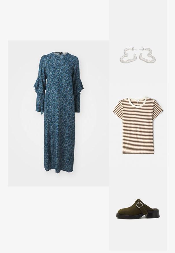 Rochie lungă de culoare albastră, cu un model floral în nuanțe de verde și albastru deschis. Are mâneci ondulate și un gât rotund, cu un fermoar la spate.; Tricou rayé cu dungi maro și albe pe orizontală, mâneci scurte și guler rotund de culoare crem, dintr-un material moale și texturat.; Mule din zamac verde olive cu un toc scăzut și gros negru. Are o curea laterală cu o cataramă argintie pentru ajustare. Textură netedă în general.; Cercei din metal de culoare argintie, cu un design ondulat și abstract, împodobit cu cristale mici și strălucitoare. Închidere cu tijă sigură.