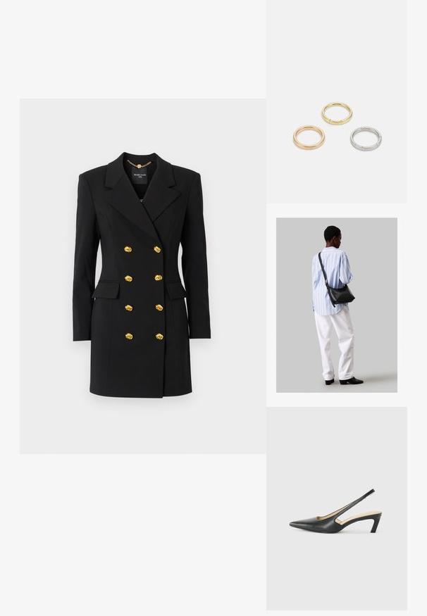 MARCIANO BY GUESS WELL SUITED - Rochie de zi - jet black; Pantof cu toc mic, cu vârf ascuțit și slingback, realizat din piele netedă, având un design decupat pe lateral pentru respirabilitate.; Geantă de umăr din piele neagră cu o textură moale, formă triunghiulară și curea ajustabilă, asortată cu o bluză cu dungi albastre deschise și pantaloni albi.; Trei inele din metal: unul roz aurie, unul auriu cu accente texturate și unul argintiu, toate cu branding gravat pe banda interioară.