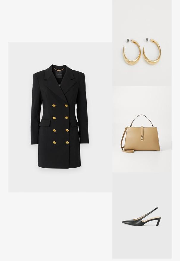 MARCIANO BY GUESS WELL SUITED - Jurk - jet black; Zwarte puntige slingback schoen met een lage hak, gemaakt van soepel leer en voorzien van een uitsnede aan de zijkant voor ventilatie.; Tommy Hilfiger LIBRE SATCHEL - Handtas - safari; Gouden hoepel oorbellen met een glad, gebogen ontwerp. Gemaakt van metaal, met een elegante afwerking en een paal-achter sluiting.