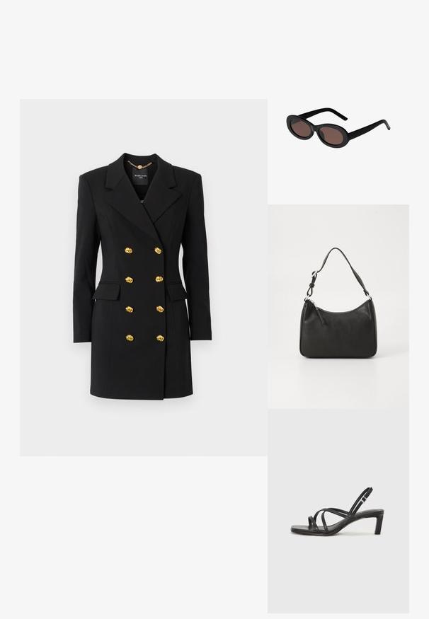 MARCIANO BY GUESS WELL SUITED - Vestido informal - jet black; Sandalia negra de tiras con punta cuadrada y tacón bajo de bloque. Presenta múltiples tiras delgadas y una correa ajustable en el tobillo. Fabricada en cuero suave.; Gafas de sol negras en forma ovalada con cristales tintados marrones. Cuentan con un marco de plástico grueso y brazos delgados y curvados. Textura suave en toda su superficie.; Bolso de mano de cuero negro con forma curvada, una sola correa, cierre de cremallera y marcas sutiles en la parte frontal. Textura suave, diseño minimalista.