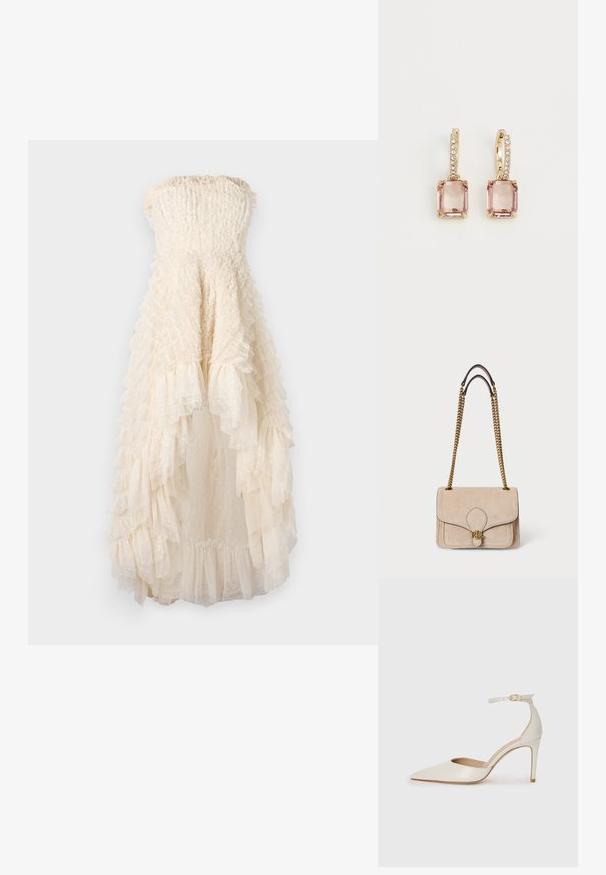 Bez naramnic, bežna obleka z nabranimi plastmi, teksturirano blago in prosojnimi pikastimi detajli. Širša robna linija dodaja volumen in gibanje.; Bela usnjena čevlja na visoki peti z ozkim prstom, trakom okoli gležnja in tanko stiletto peto. Gladka tekstura z rahlim sijočim finišem.; Bežna nubuk torba s zlatim lancem, strukturirane pravokutne forme, prošivene detalje i zlatni logotip na prednjoj strani.; Lauren Ralph Lauren HUGGIE DROP - Uhani - gold-coloured/vintagerose