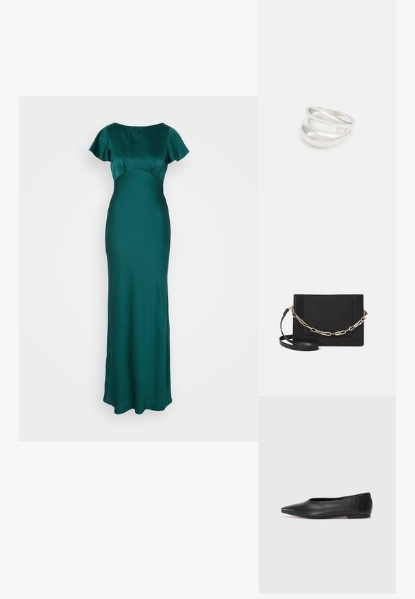 Duga satenska haljina u dubokoj tkanini, s kratkim lepršavim rukavima i prilagođenim korzetom, koji se nesmetano širi do ravnog rubu.; Crne kožne balerinke, uski vrh, minimalistički dizajn, glatka tekstura, niska peta, bez vidljivih dodataka ili ukrasa.; Crna kožna torba preko tijela s glatkom teksturom, pravokutnim oblikom i metalnim lancem na prednjoj strani. Uključena je podesiva naramenica.; Srebrna dvostruka prsten s glatkom, poliranom površinom. Karakterizira ga fluidan, zakrivljen dizajn s preklapajućim sekcijama za moderan izgled.