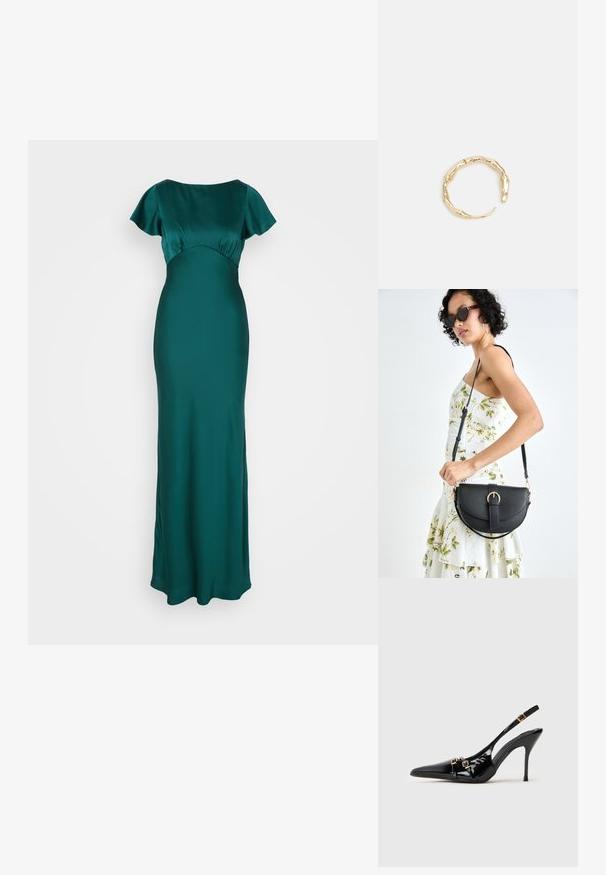 Garšs satīna kleita dziļā tirkīza krāsā, ar īsām plandošām piedurknēm un pieguļošu krūšu daļu, kas plūstoši pāriet taisnā apakšmalā.; Melnā lakota ādas augstpapēžu sandale ar norādītu pirkstu, zelta metāla akcentiem un elegantu dizainu.; Melnas ādas rokassoma ar izliekta formu, noņemamu siksnu un zelta aksesuāriem. Somai ir vāciņš ar sprādzes detaļu.; Zelta toņa gredzens ar organisku, vērptu dizainu, gludu virsmu un sašaurinātiem galiem, radot mūsdienīgu, skulpturālu izskatu.