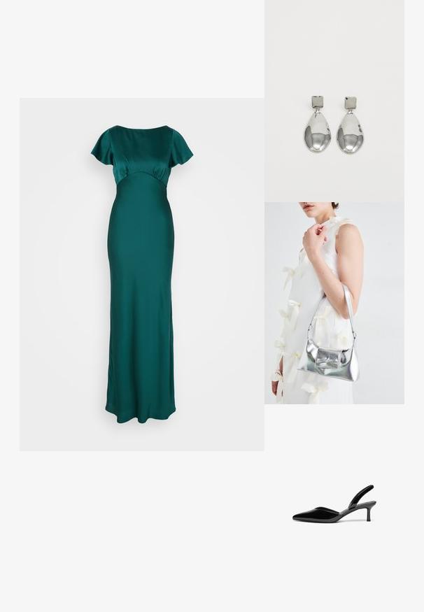 Hosszú selyemruha mély teal színben, rövid fodros ujjakkal és testhez simuló felsőrésszel, ami zökkenőmentesen folytatódik egy egyenes szegéllyel.; Fekete lakk bőr szandál sarkú cipők hegyes orral, alacsony tűs sarkukkal és letisztult, egyszerű dizájnnal, díszítések nélkül.; Ezüst fémes kézitáska, struktúrált formával, felső fogantyúval és masnis részlettel az elején. Simaságával és fényes felületével tűnik ki.; Ezüst csepp fülbevalók négyzet alakú fülbevalóval, sima, fényes felülettel és csepp formával, amely fényt tükröz egy fényes felületen.